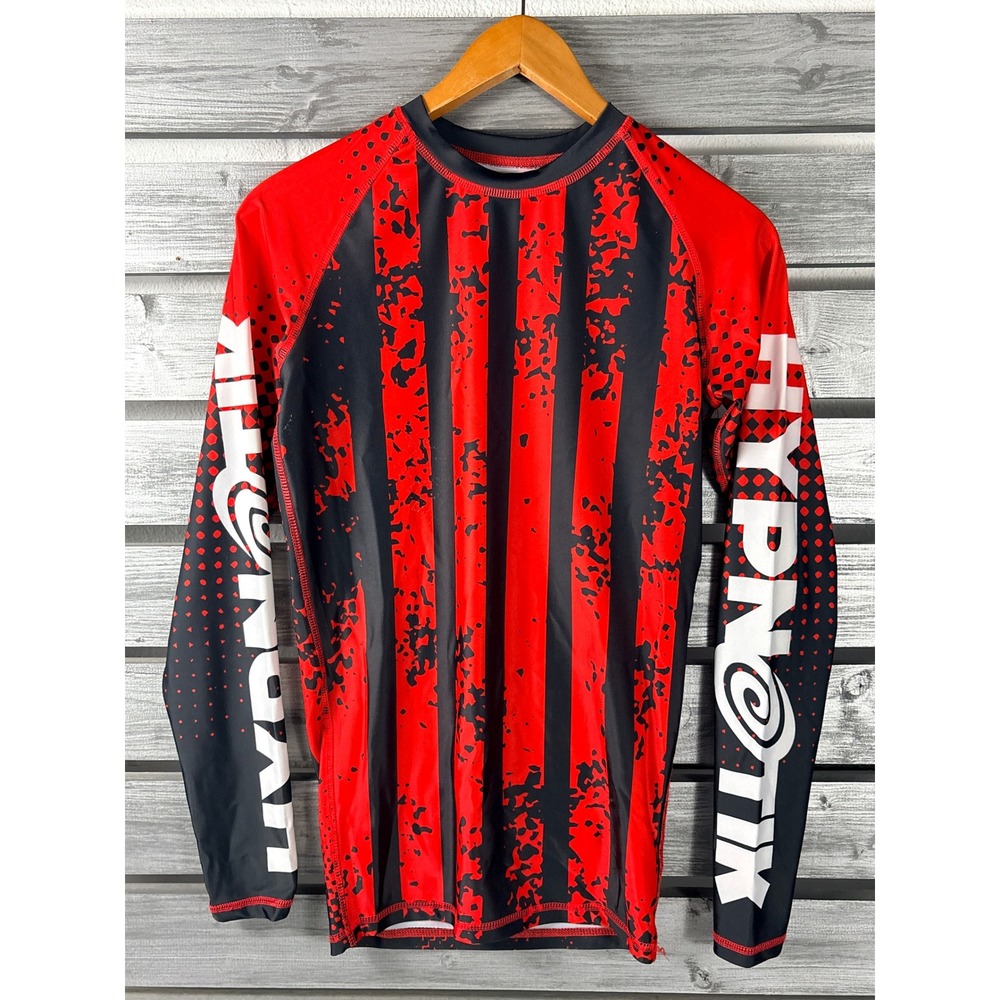 Hypnotik Mens Long Sleeve Rash Guard Red Black Striped MMA BJJ Grappling Small